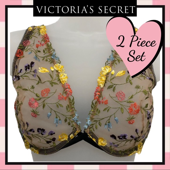 Victoria’s Secret 34DD & Medium Cheeky Panty Dream Angels Plunge Floral Bra Set - Picture 1 of 12